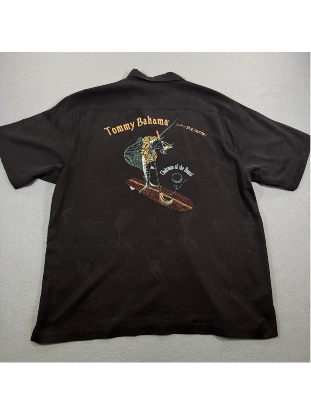 Tommy Bahama Silk Camp Shirt Black Chairman of the Board Marlin Golf Mens L
Tom